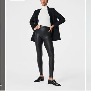 SPANX Faux Leather Leggings Black Shapewear Power Waistband Sz M